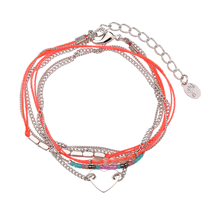 Armband wrap fijn Beads & Heart neon-oranje-zilver
