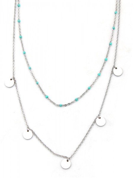Ketting 2-laag Coins zilver-turquoise