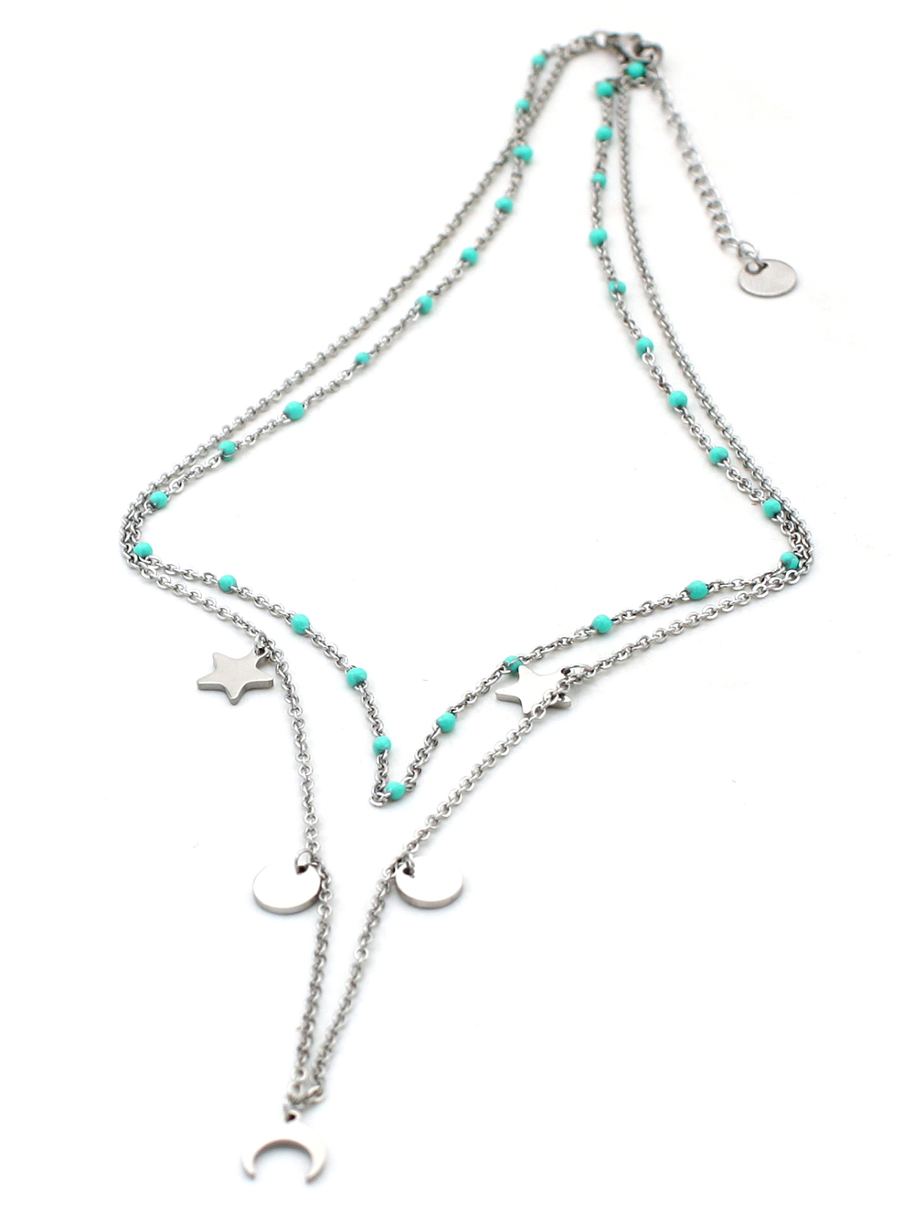 Ketting 2-laags Stars & Coins zilver-turquoise