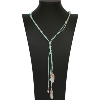 Ketting lang Boho feathers blauw-zilver