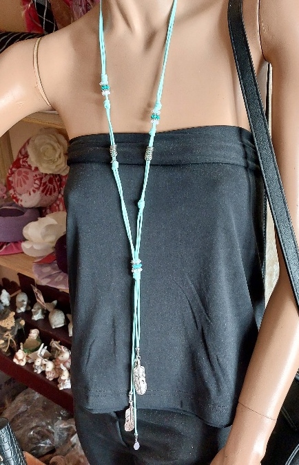 Ketting lang Boho feathers blauw-zilver 2