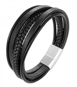 Armband heren 4-laags leer s-steel zwart-zilver