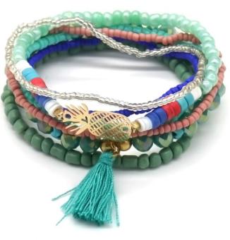 Armband set a 7 kralen turquoise elastisch