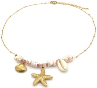 Ketting fijn Zeester & schelpen st-steel goud