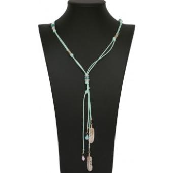 Ketting lang Boho feathers blauw-zilver