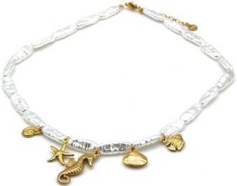 Ketting Pearls & Sealife st-steel goud