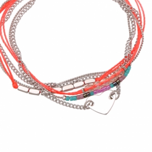Armband wrap fijn Beads & Heart zilver-neon oranje