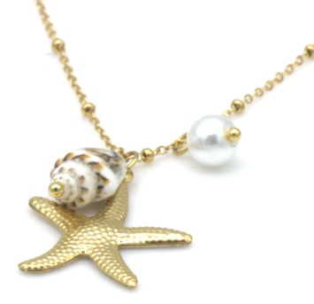 Ketting fijn Zeester & schelp st-steel goud