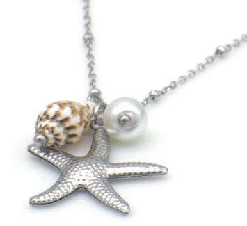 Ketting fijn Zeester & schelp st-steel zilver