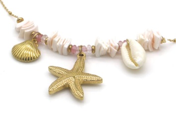 Ketting fijn Zeester & schelpen st-steel goud 2