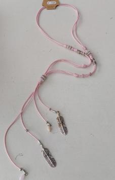 Ketting lang Boho feathers roze-zilver 5